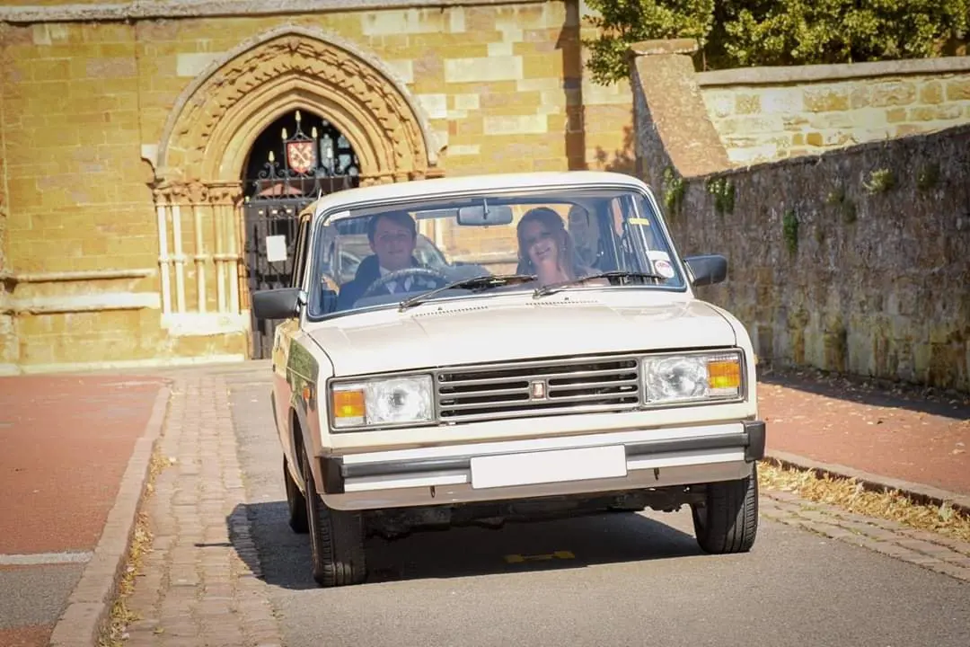 Cream car driving